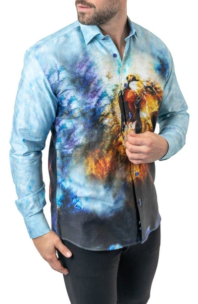 Maceoo Fibonacci Lionmozaic 06 Blue Contemporary Fit Button-up Shirt In Blue