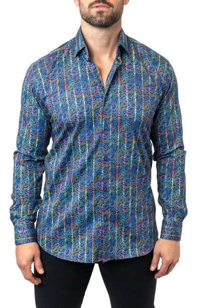 Shop Maceoo Fibonacci Squiggles Cotton Button-up Shirt In Blue