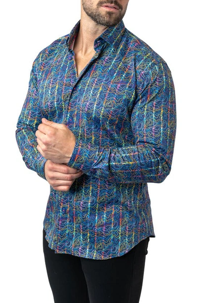 Shop Maceoo Fibonacci Squiggles Cotton Button-up Shirt In Blue