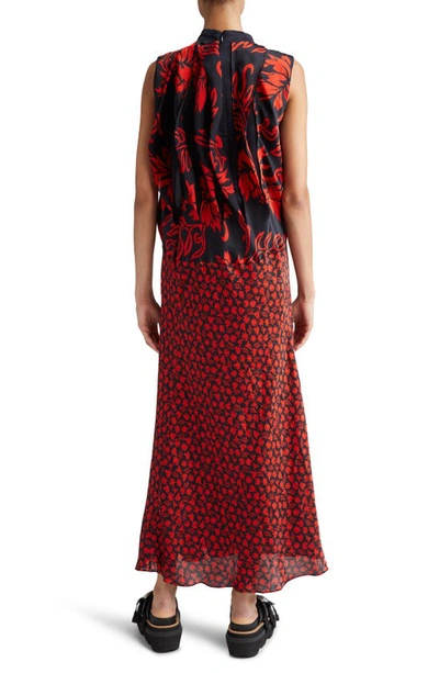 Shop Sacai Floral Print Pleated Maxi Dress In Red