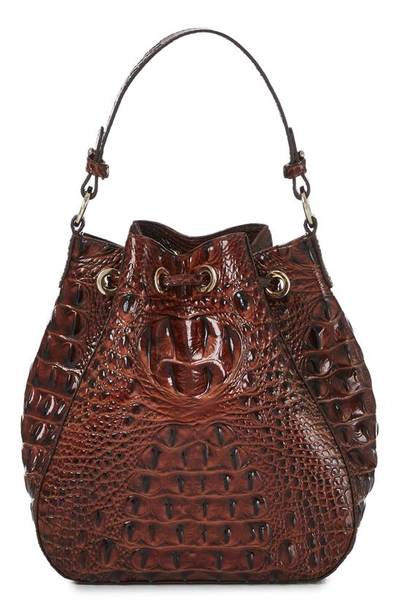 Shop Brahmin Melinda Croc Embossed Leather Bucket Bag In Pecan