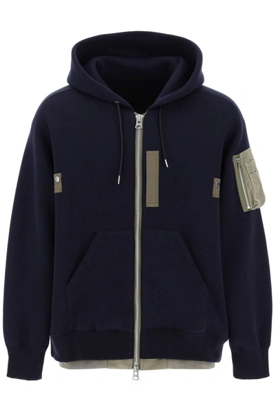 Shop Sacai Full Zip Hoodie With Contrast Trims