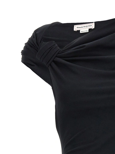 Alexander Mcqueen Asymmetric Bow-detailed Embroidered Stretch-cotton Jersey Top