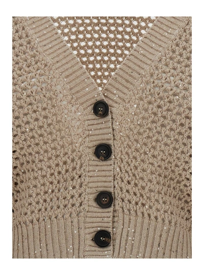 Shop Brunello Cucinelli Beige Open-knit Cardigan In Cotton Woman
