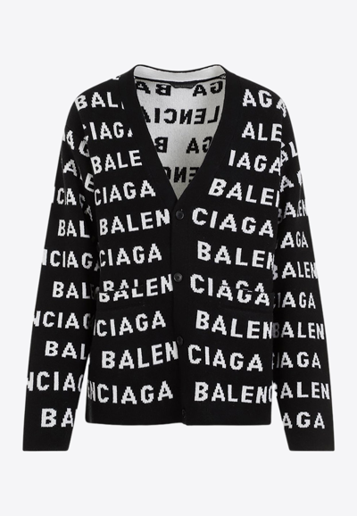 Shop Balenciaga All-over Logo Cardigan In Wool In Monochrome