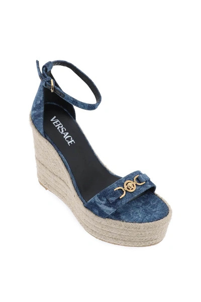 Shop Versace Denim Barocco Wedge Sandals