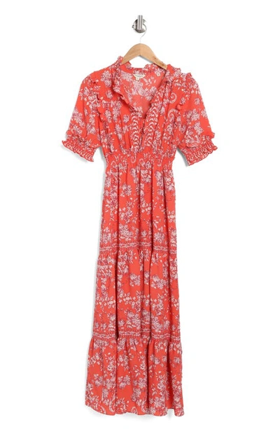 Shop Max Studio Ruffle Collar Print Tiered Maxi Dress In Coral Rosy Toile