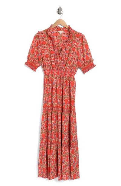 Shop Max Studio Ruffle Collar Print Tiered Maxi Dress In Coral Large Feather Frond