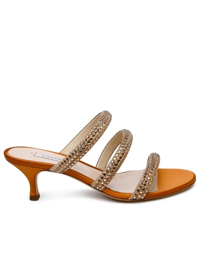 Shop Casadei 'stratosphere' Honey Satin Sandals In Brown/gold