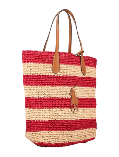 Shop Polo Ralph Lauren Striped Straw Tote Bag In Natural Red