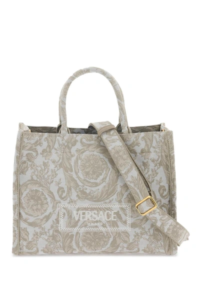 Shop Versace Large Embroidery Jacquard Tote Bags In Brown