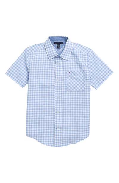 Shop Tommy Hilfiger Kids' Gingham Plaid Short Sleeve Button-up Shirt In Granada Sky