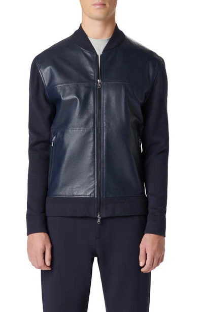 Shop Bugatchi Leather Front Zip-up Cotton & Cashmere Cardigan In Navy