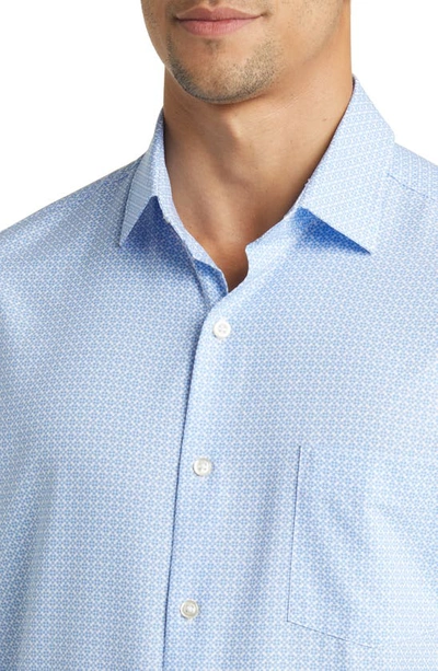 Shop Peter Millar Geo Petals Print Performance Poplin Short Sleeve Button-up Shirt In Maritime