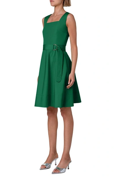 Shop Akris Punto Belted Square Neck Cotton Fit & Flare Dress In Leaf Green