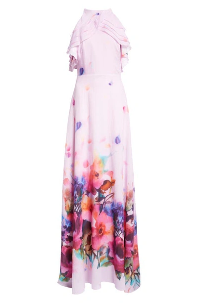 Shop Lela Rose Watercolor Floral Print Ruffle Cotton Voile Gown In Orchid Multi