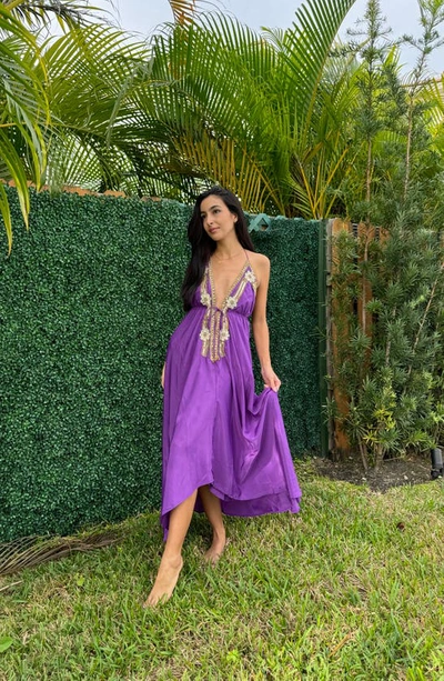 Shop Ranee's Beaded Halter Cover-up Dress In Purple