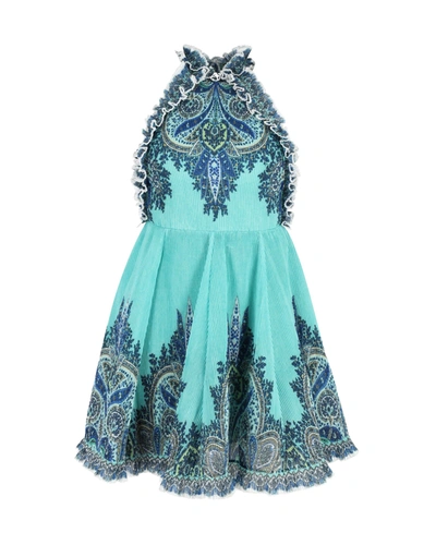 Shop Zimmermann Moncur Ruffle-neck Printed Mini Dress In Turquoise Polyester In Blue