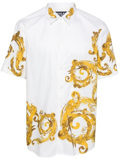 Shop Versace Jeans Couture Watercolor Print Shirt In Bianco E Oro