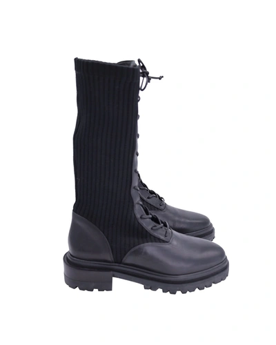 Shop Porte & Paire Lace-up Boots In Black Knit And Leather