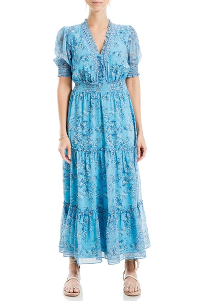 Shop Max Studio Floral Tiered Midi Dress In Mineral/ Cobalt Rosy Toile