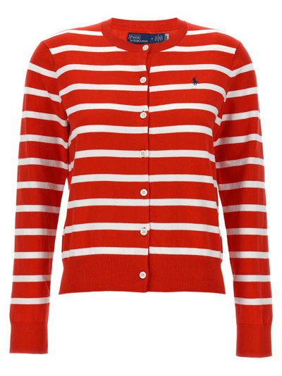 Shop Polo Ralph Lauren Logo Embroidered Striped Knitted Cardigan In Multi