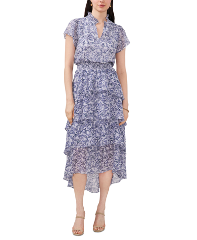 Shop Sam & Jess Women's Floral-printed Smocked-waist Tiered Midi Dress In Blue  White Floral