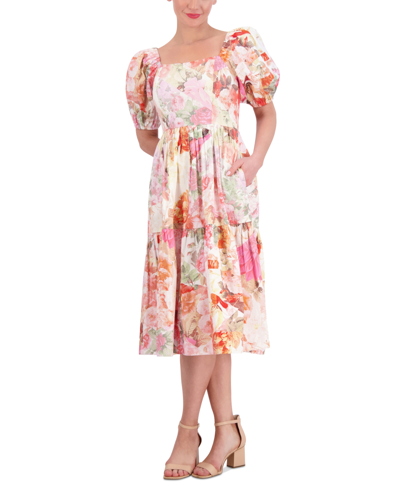 Shop Vince Camuto Petite Floral-print Puff-sleeve Midi Dress In Pink