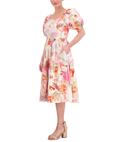 Shop Vince Camuto Petite Floral-print Puff-sleeve Midi Dress In Pink