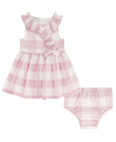 Shop Calvin Klein Baby Girls Brush Plaid Poplin Surplice Dress And Diaper Cover Set In Lavender
