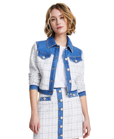 Shop Guess Women's Natalie Tweed & Denim Jacket In Check Tweed White Combo
