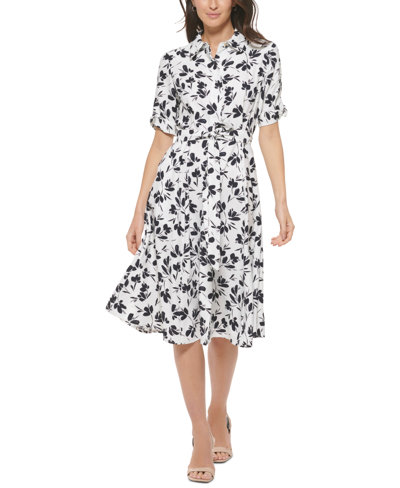 Shop Calvin Klein Petite Floral-print Midi Shirtdress In Cream Indigo