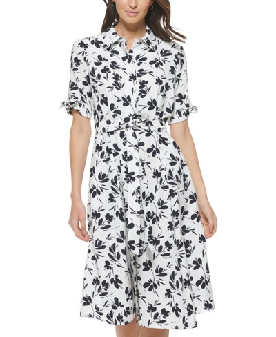 Shop Calvin Klein Petite Floral-print Midi Shirtdress In Cream Indigo