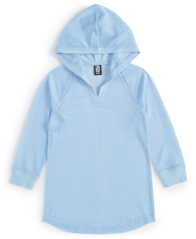 Shop Id Ideology Big Girls Mesh Long-sleeve Hooded Cover-up, Created For Macy's In Skysail Blue