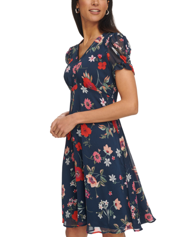 Shop Calvin Klein Women's Printed Chiffon Tulip-sleeve Dress In Indigo Multi