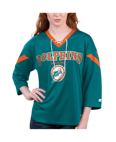 Shop Starter Women's  Aqua Miami Dolphins Rally Lace-up 3/4 Sleeve T-shirt