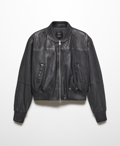 Shop Mango Women's Leather Bomber Jacket In Black