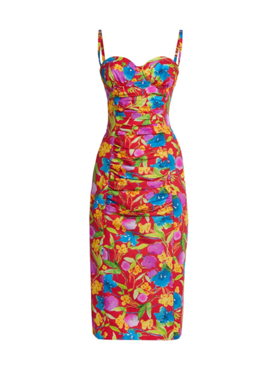 Shop Carolina Herrera Women's Ruched Floral Bustier Midi-dress In Lacquer Red Multi