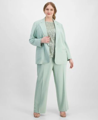 Shop Anne Klein Plus Size Open Front Blazer Short Sleeve Sequin Top Mid Rise Wide Leg Pants In Jade Stone