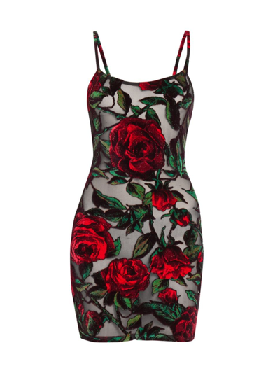 Shop Balmain Women's Rose-print Semi-sheer Minidress In Black And Red
