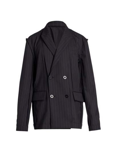 Shop Sacai Men's Pinstriped Double-breasted Jacket In Navy