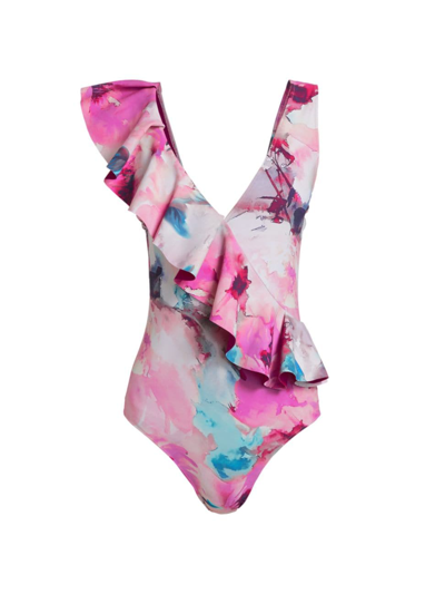Shop Chiara Boni La Petite Robe Women's Verina Printed Ruffled One-piece Swimsuit In Summer Roses Pink