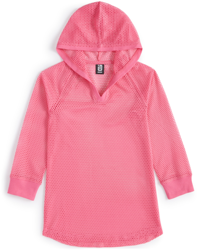 Shop Id Ideology Big Girls Mesh Long-sleeve Hooded Cover-up, Created For Macy's In Cerise Pink