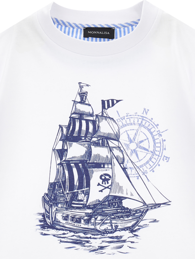 Monnalisa Jersey T-shirt With Pirate Print In White + Blue
