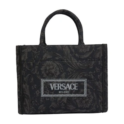 Shop Versace Embroidered Jacquard Barocco And Calf Leather Medium Tote In Black_black__gold