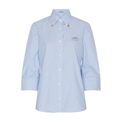 Shop Prada Three-quarter-sleeve Striped Shirt In Bianco_azzurro
