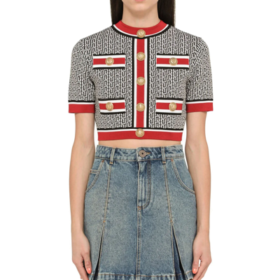 Balmain Monogram Jacquard Short Sleeve Crop Sweater