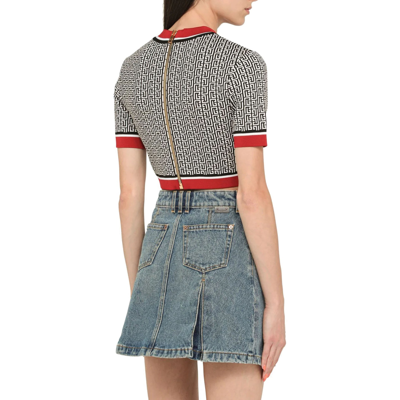 Balmain Monogram Jacquard Short Sleeve Crop Sweater