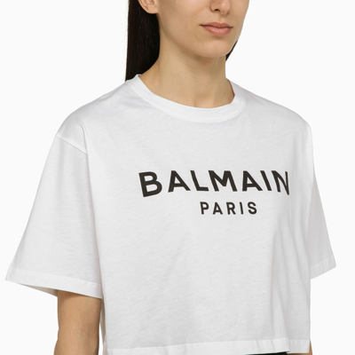 Shop Balmain White Cotton Cropped T Shirt With Logo