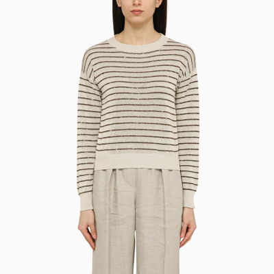 Shop Brunello Cucinelli Oatmeal Striped Cotton Sweater